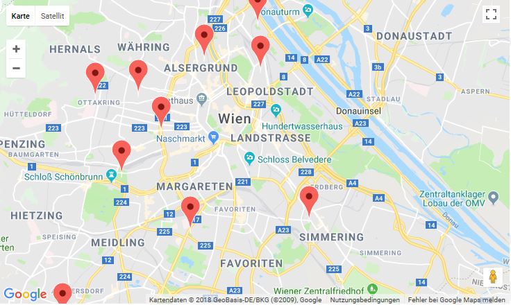 Stadtplan von Wien mit Standorten der Kinderuni on Tour 2018
