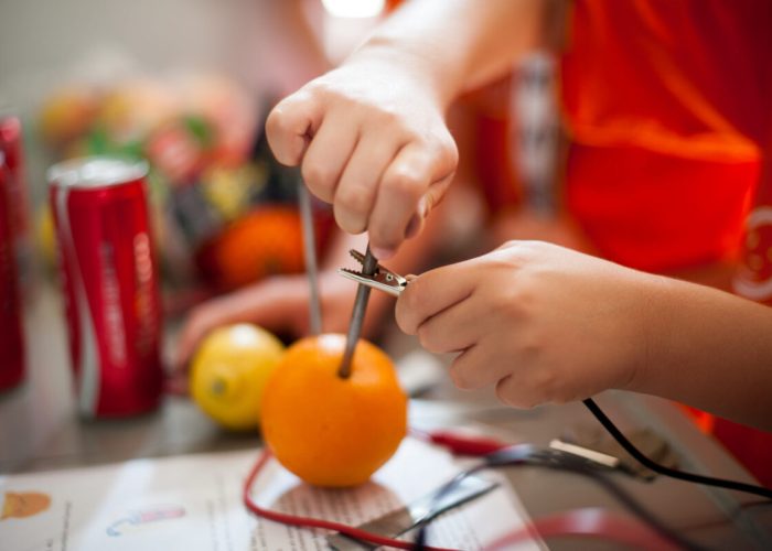 ein Kind werkt mit Obst und technischen Bauteilen