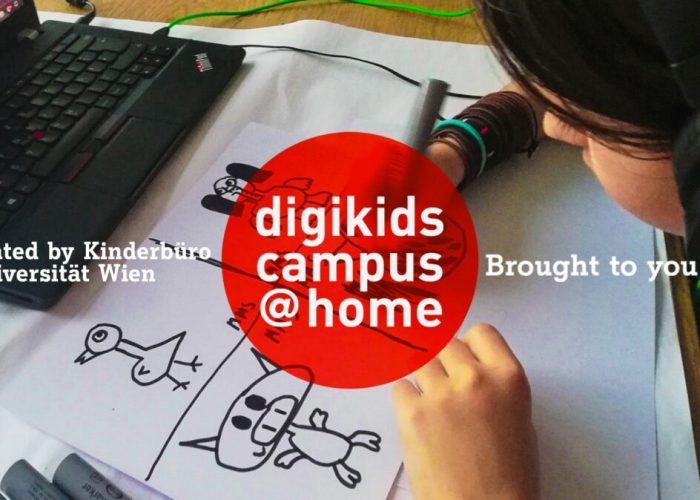 Kind beim zeichnen, daneben ein Laptop. digikids campus @home. moderated by Kinderbüro der Universität Wien. Brought to you by A1.