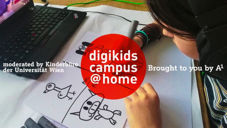 Child drawing, next to it a laptop. digikids campus @home. moderated by Vienna University Children's Office. Brought to you by A1.