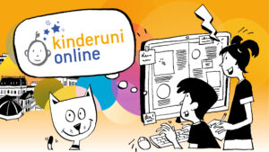 bunte kinderuni online Illustration mit einem Bub und einem Mädchen am PC und einer Katze