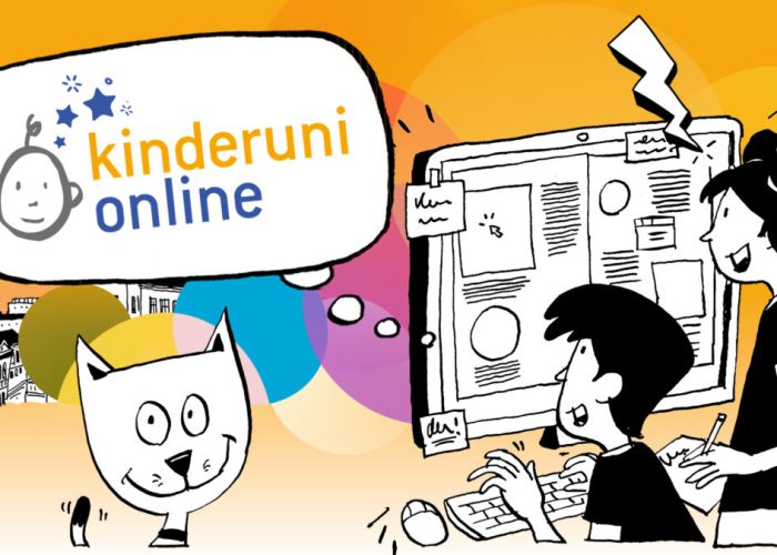 eine bunte kinderuni.online Illustration mit einem Bub und einem Mädchen am PC und einer Katze