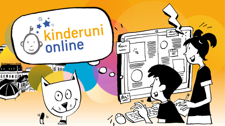 a colourful kinderuni.online illustration with a boy and a girl at the computer and a cat