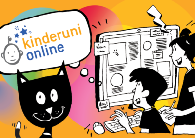 a colourful kinderuni.online illustration with a boy and a girl at the computer and a cat