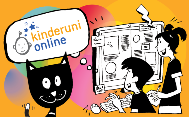 eine bunte kinderuni.online Illustration mit einem Bub und einem Mädchen am PC und einer Katze