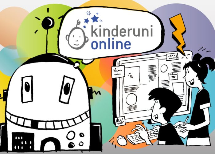 bunte kinderuni.online Illustration mit einem Bub und einem Mädchen am PC und einem Roboter