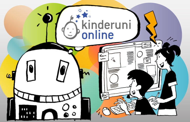 bunte kinderuni.online Illustration mit einem Bub und einem Mädchen am PC und einem Roboter
